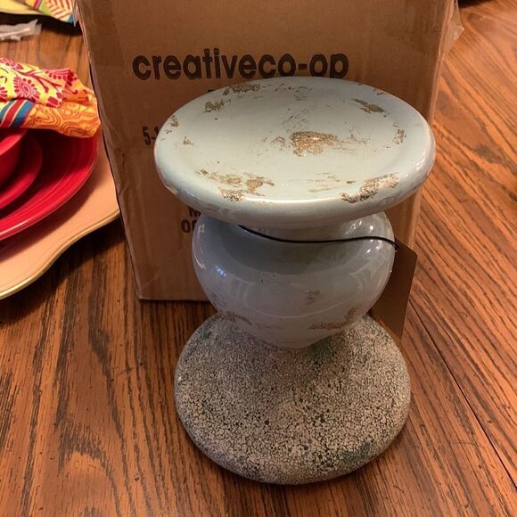 7" Blue Distressed Terracotta Pillar Candleholder. Heavy nice piece - Picture 6 of 10